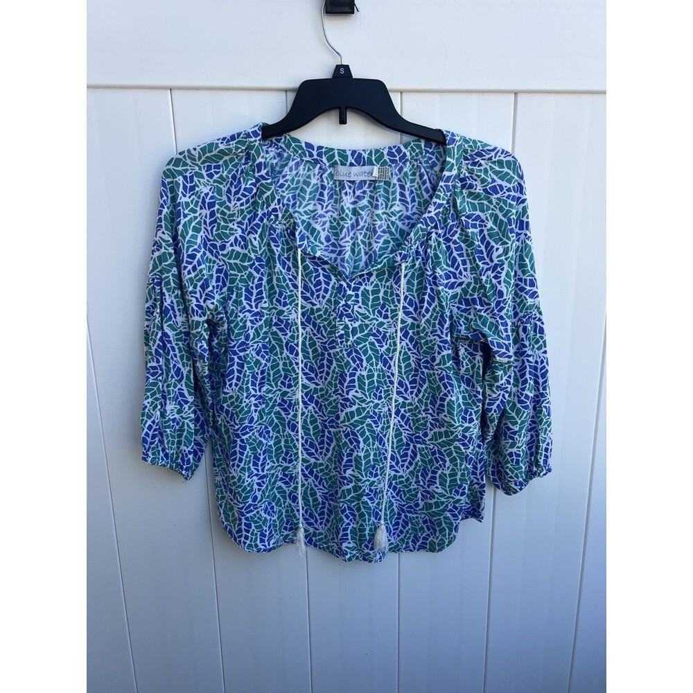 Blue Water Women Top Beach Casual Tasseled Colorful 3/4 Sleeve Sz Small